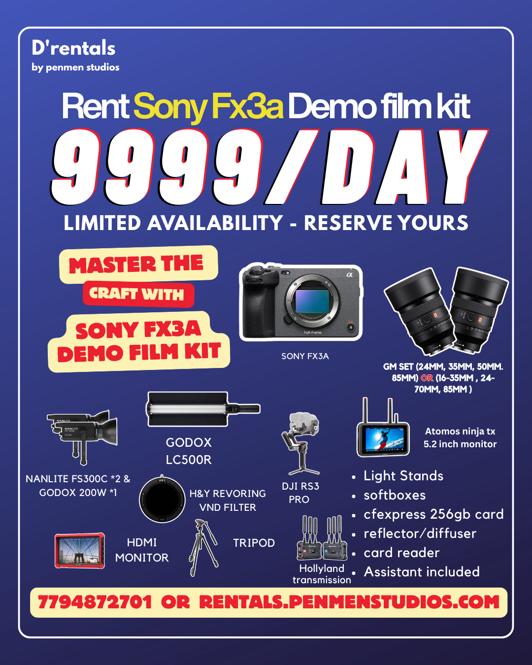 Packages Sony Fx3a Production kit (primes) Packages for rent in Hyderabad